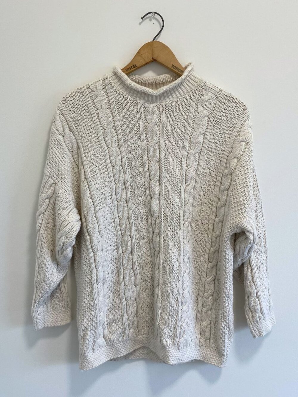 Vintage Ivory Roll Neck Cable Knit Sweater / 90s / 100% Cotton